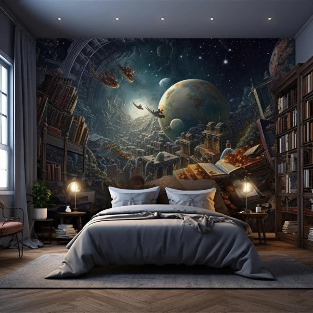 Custom wallpaper wall sticker depicting a cosmic scene with planets and books, perfect for unique room decor.