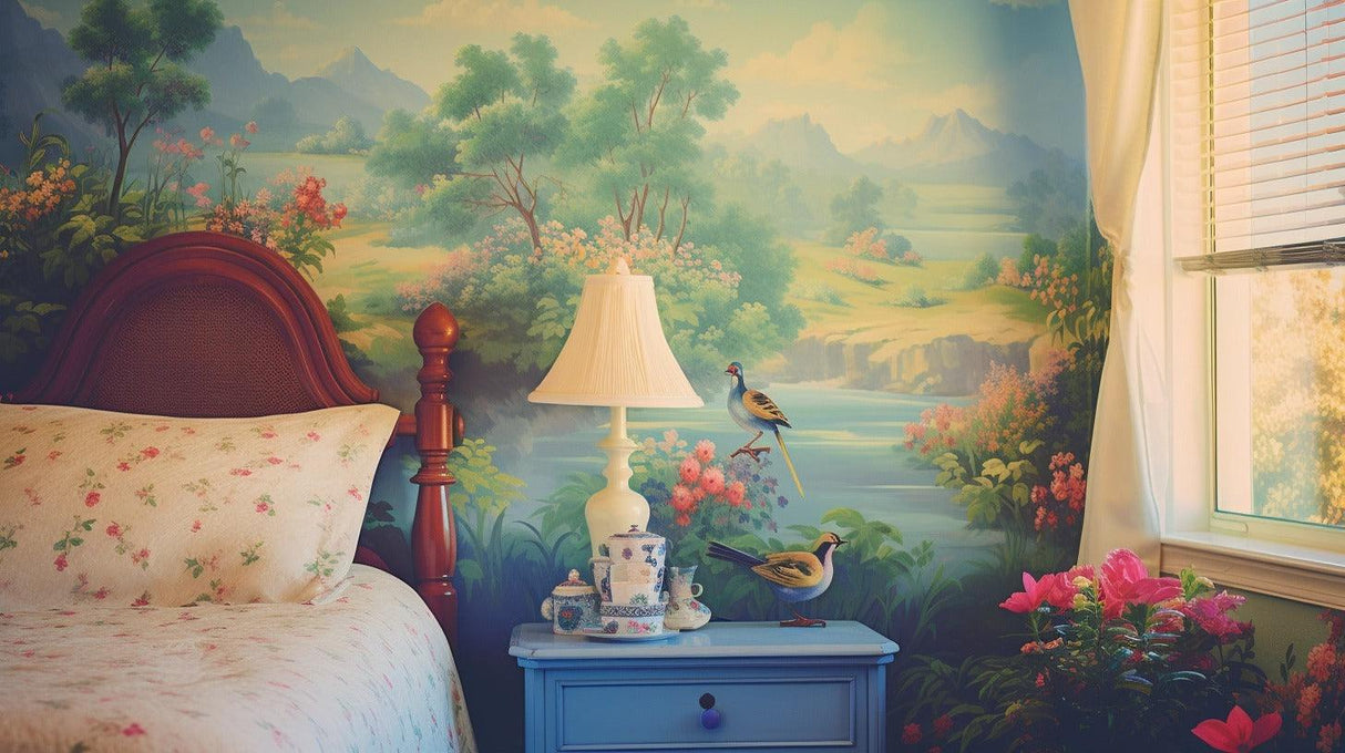 Cozy bedroom featuring floral custom wallpaper, bedside lamp, and a blue nightstand with decorative items.