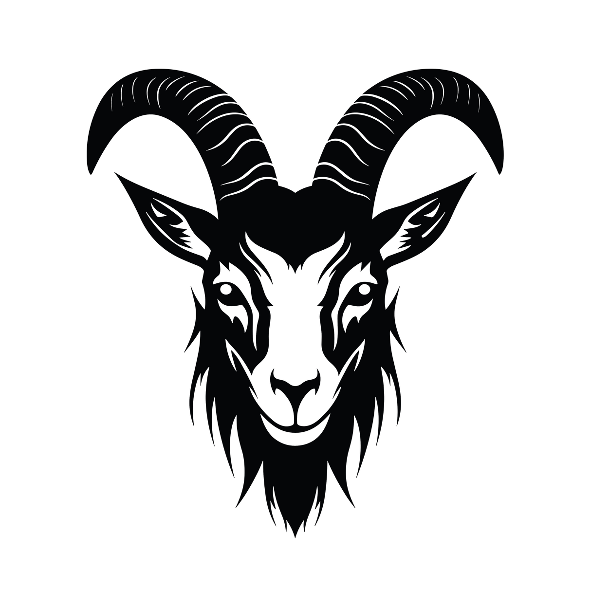 Bold black goat head silhouette sticker with spiraling horns, ideal for modern decor.