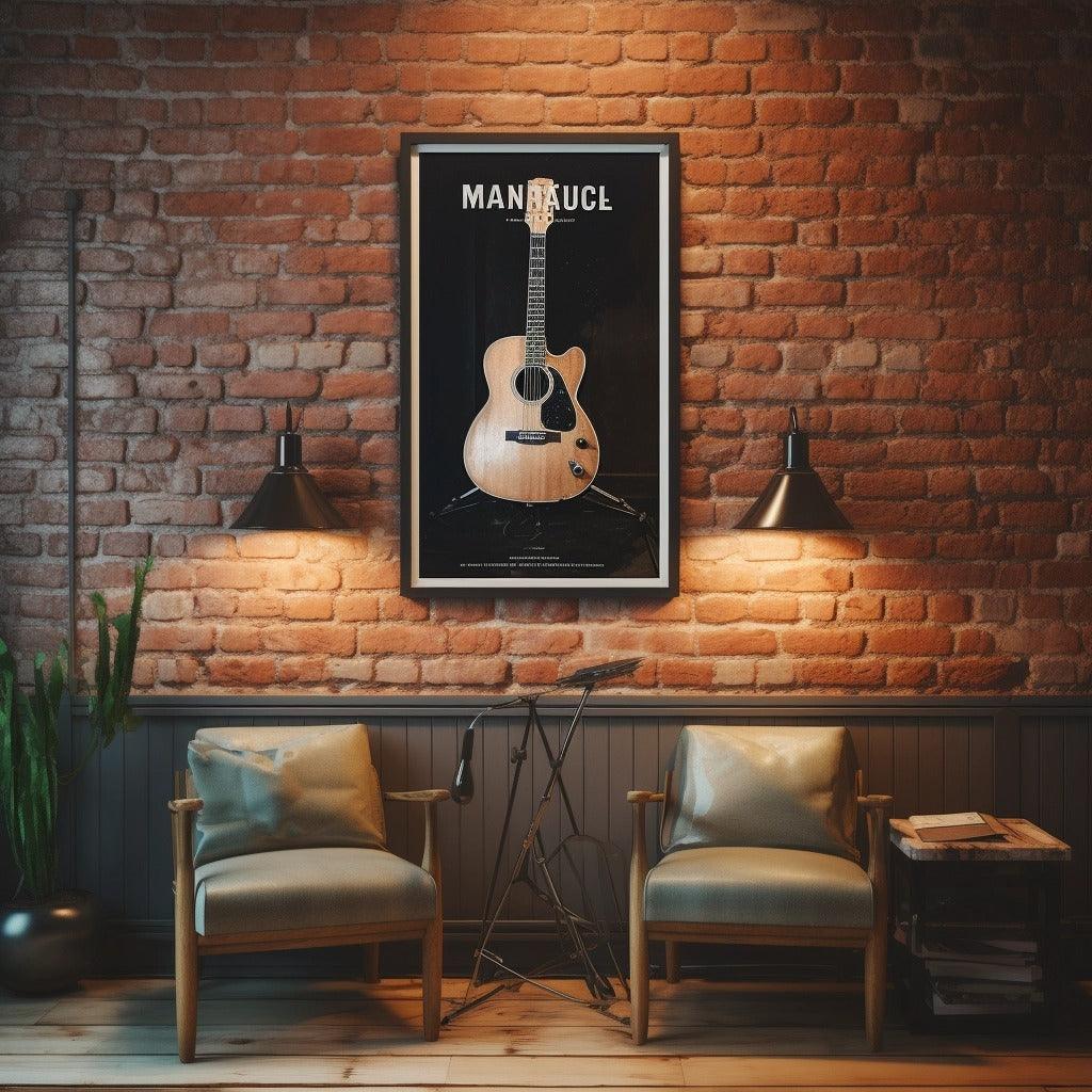 Custom wall poster featuring an acoustic guitar in a cozy interior setting with warm lighting.