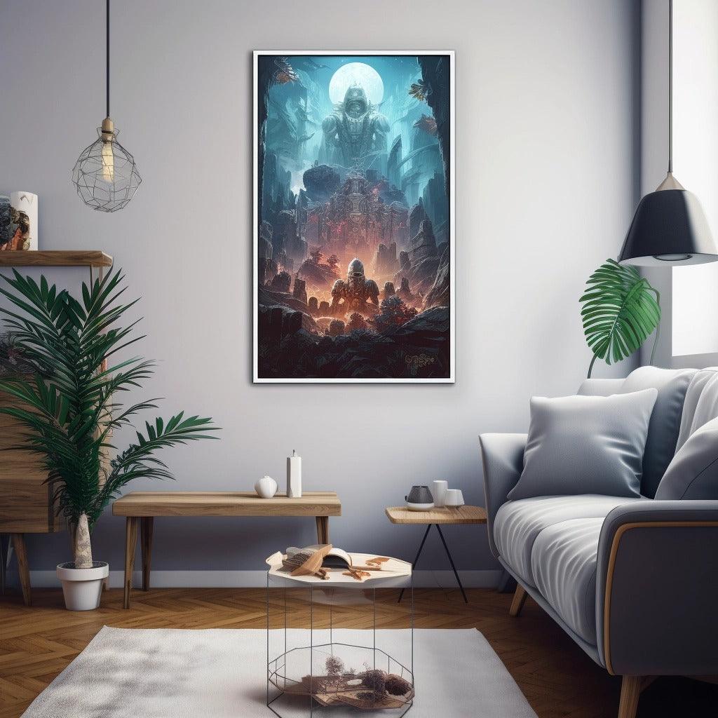 Custom wall poster featuring a mystical landscape with serene colors, enhancing unique interior decor in a modern living space.