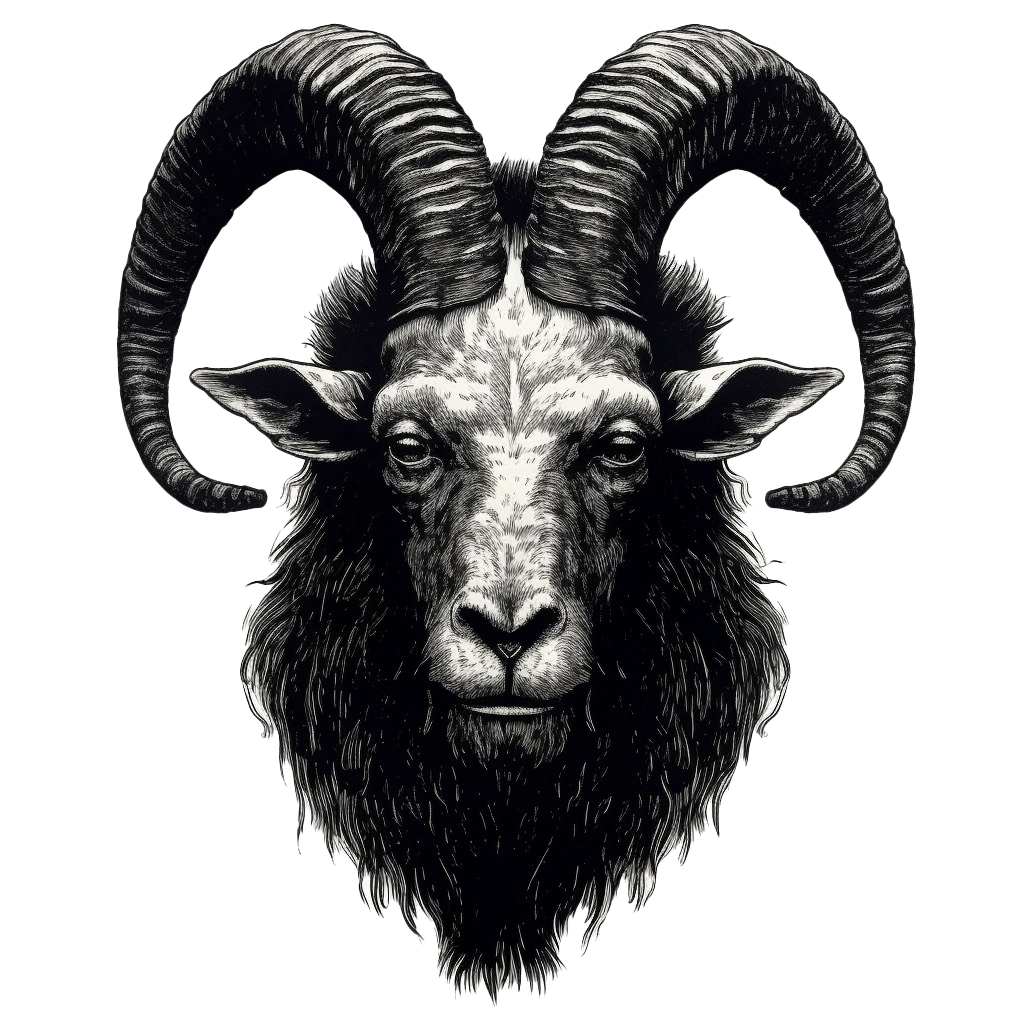 Realistic surreal ram head wall decal featuring intricate ink illustration and detailed fur and horns.