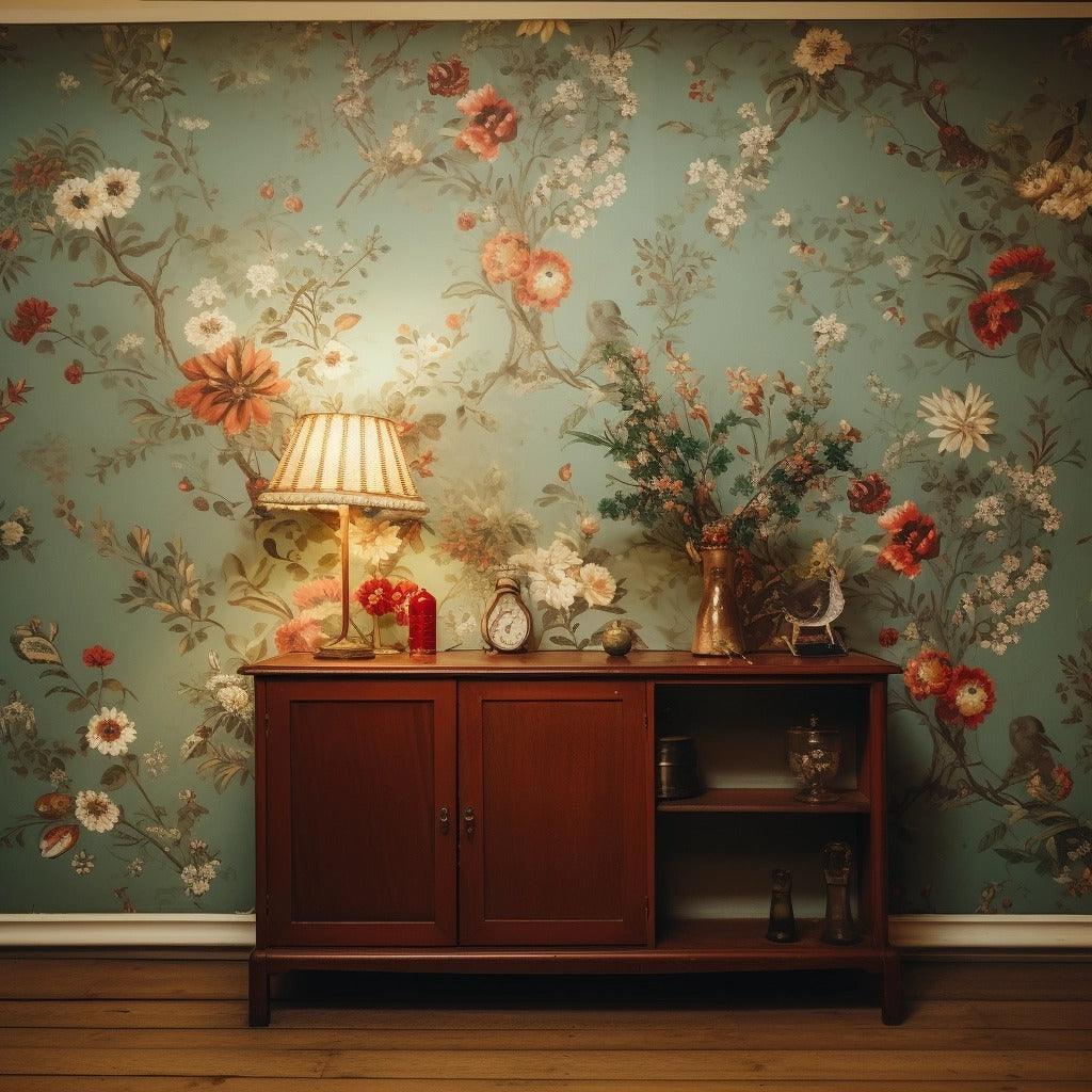 Vintage floral wallpaper with a wooden cabinet and lamp, creating a cozy home decor atmosphere.