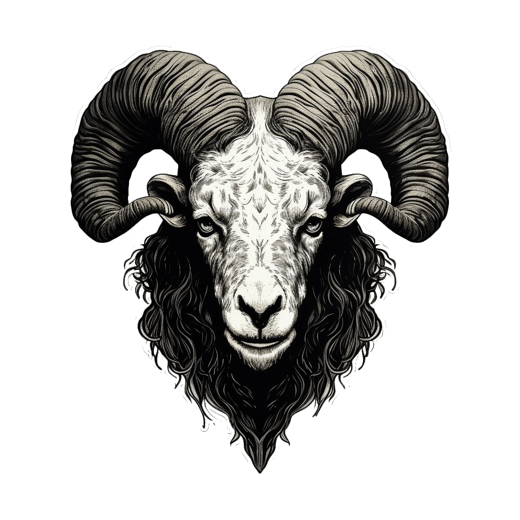 Large ram wall sticker featuring bold, angular design in black and white; intricate illustration decal for stylish decor.