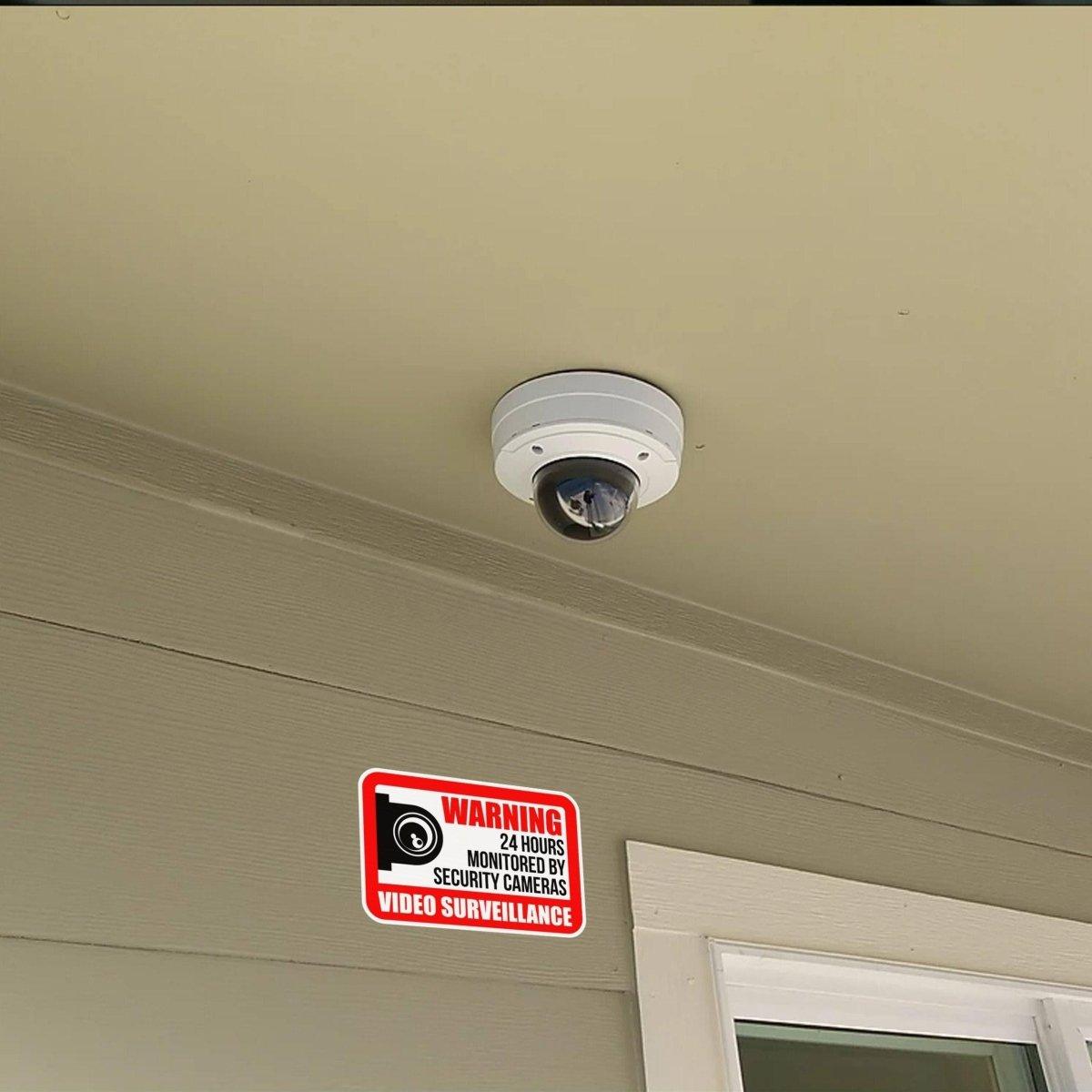 Video surveillance camera mounted under eaves with a warning sign for property security.