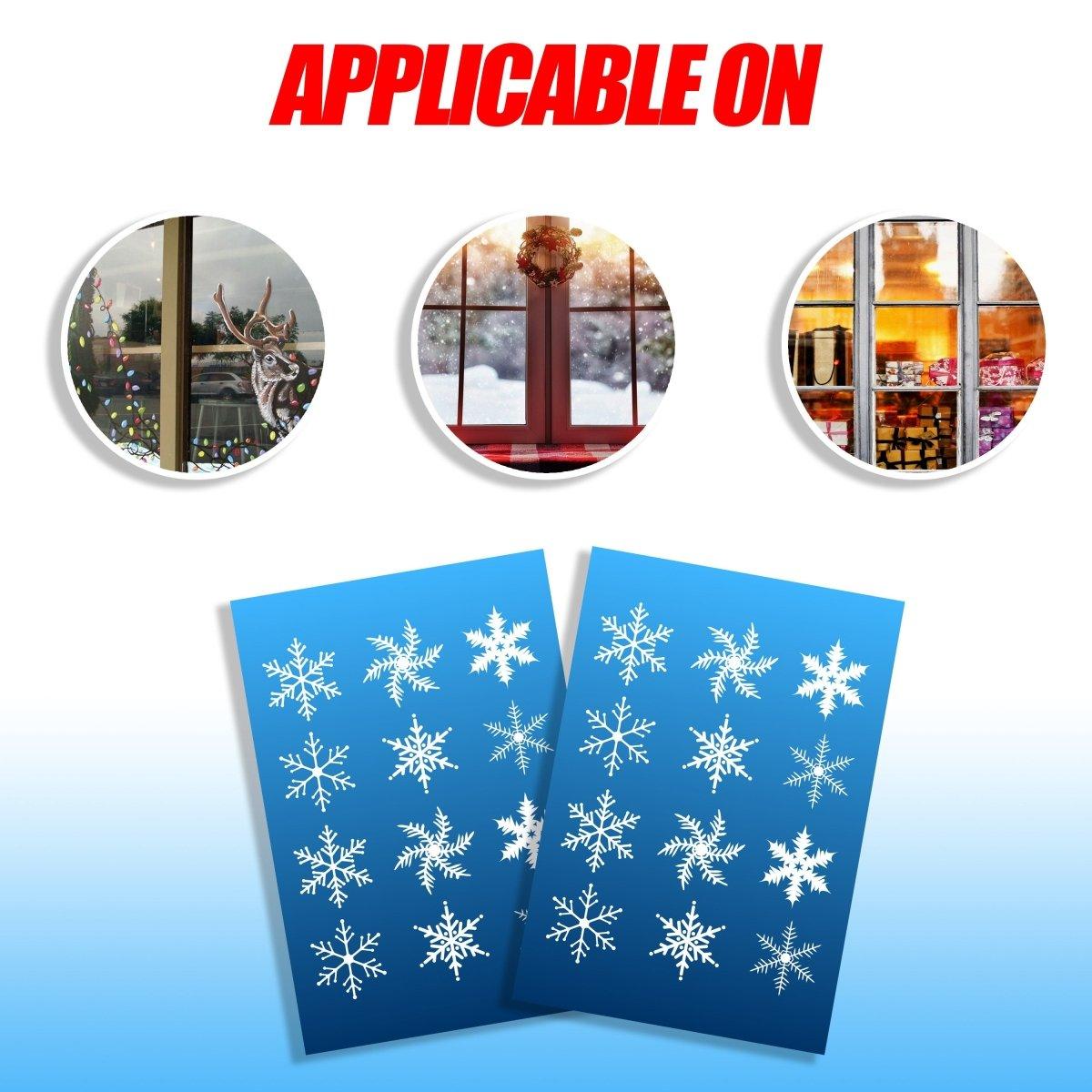 Application examples of large snowflake stickers on windows and decorations for festive Christmas spirit.