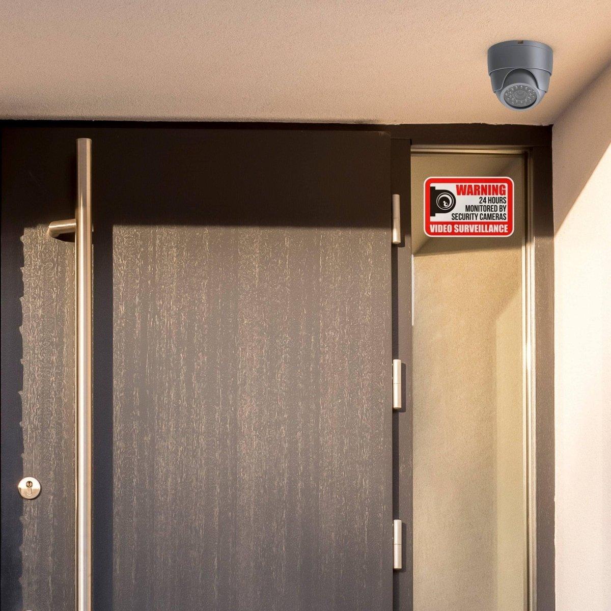 Entrance door with video surveillance warning sign and security camera overhead, enhancing home security.