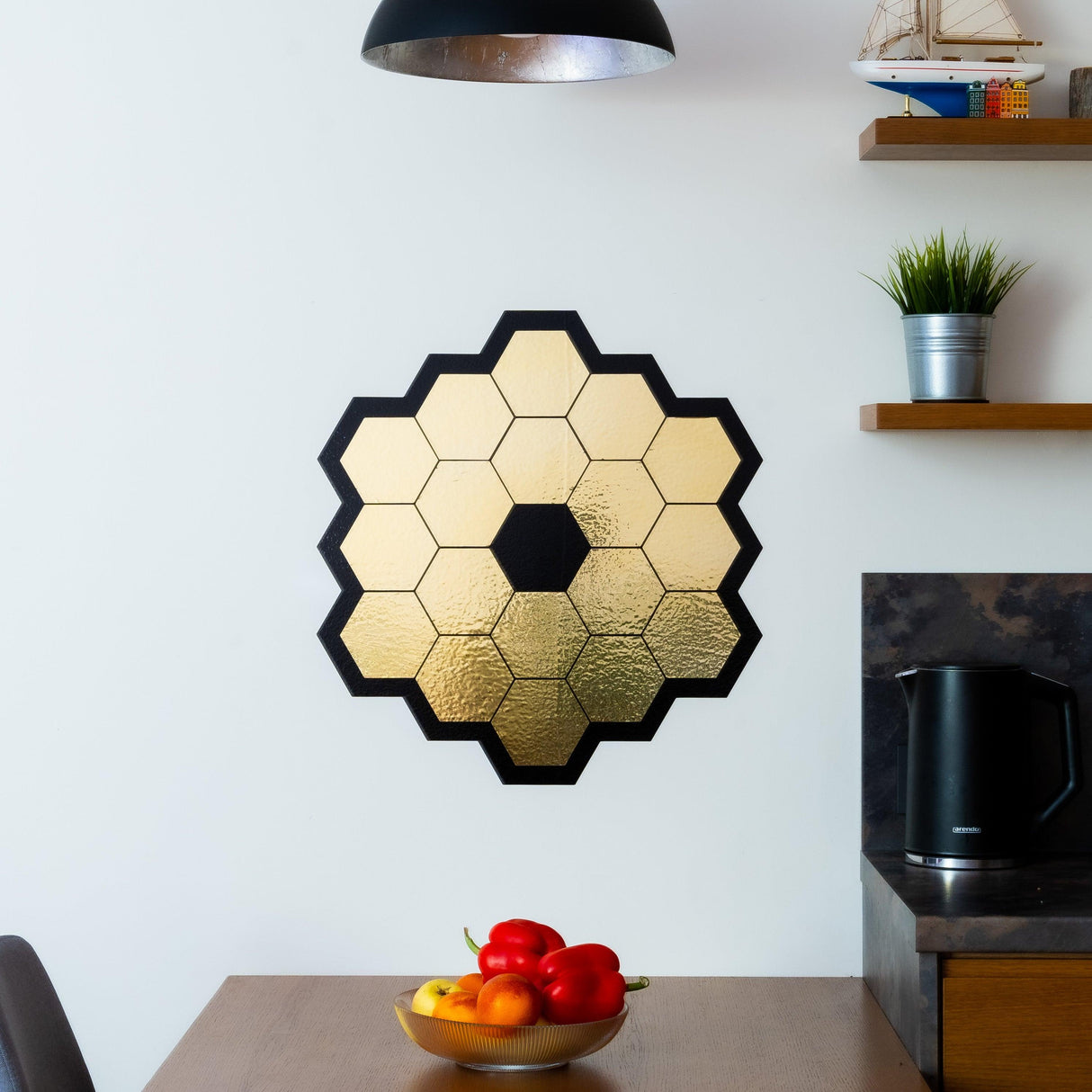 Gold chrome vinyl James Webb Space Telescope mirror wall sticker decor for astronomy enthusiasts.