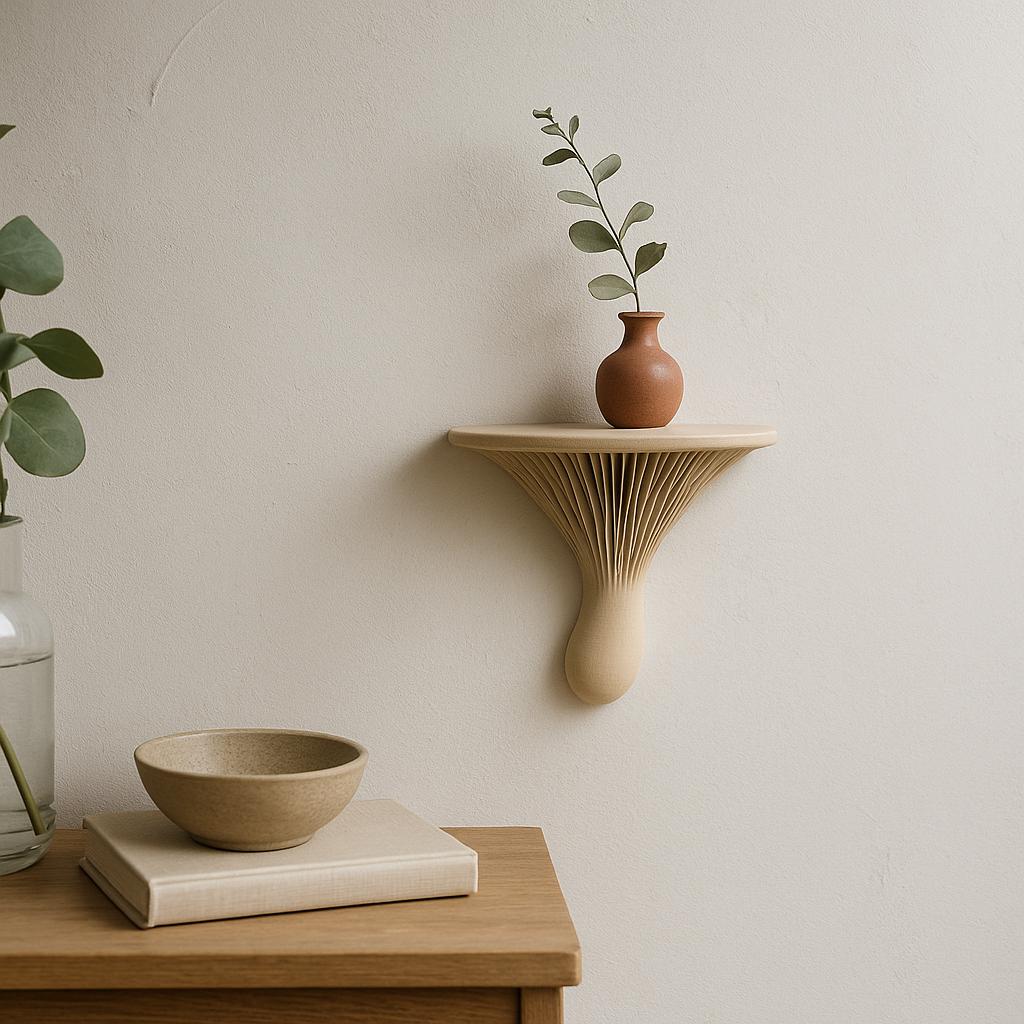 3D printed mushroom wall shelf with a vase and greenery, showcasing organic modern decor and Wabi Sabi style.