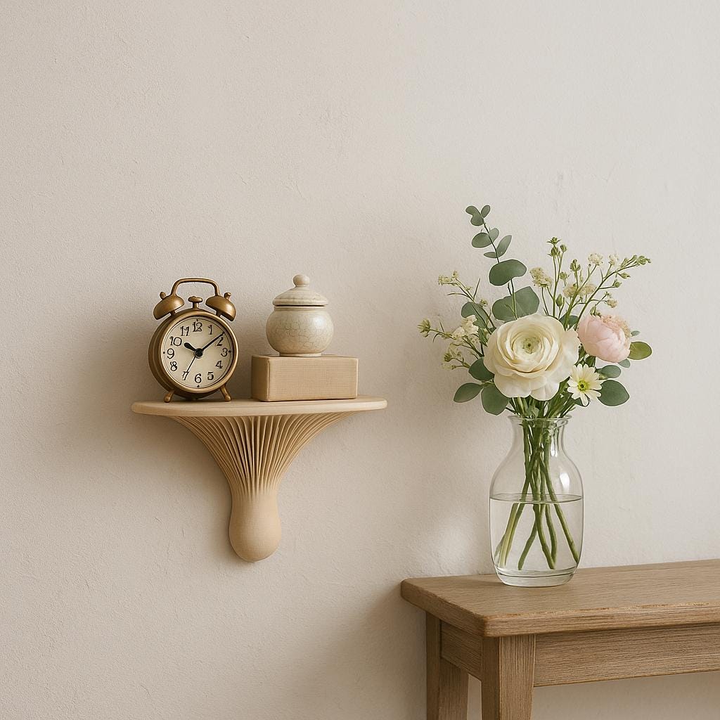 3D printed mushroom wall shelf displaying a clock, decorative jar, and a vase with fresh flowers in an organic modern setting.