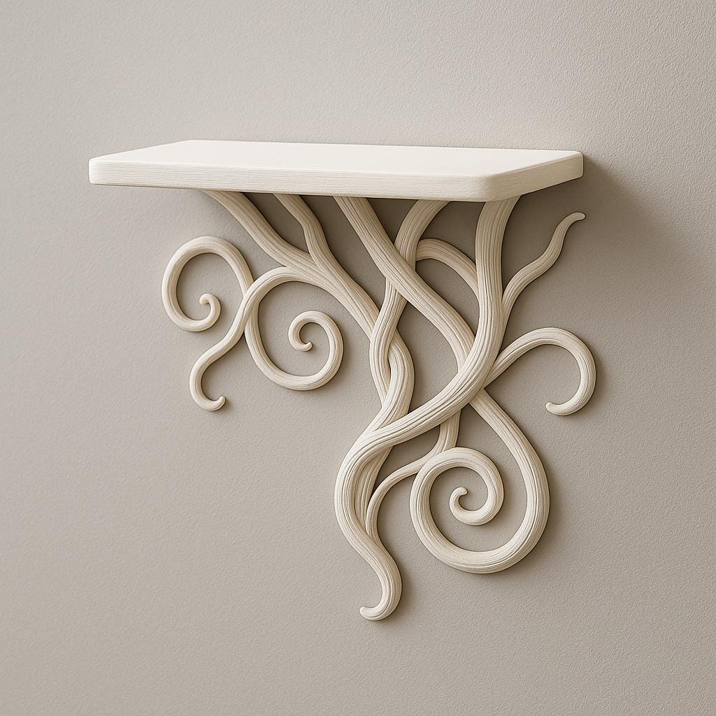 3D printed vine wall shelf with elegant curling tendrils for botanical-inspired decor.
