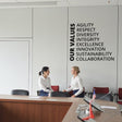 Office wall decal showcasing core values like agility, respect, and innovation, enhancing workplace motivation.