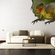 3D dinosaur wall decal featuring a roaring dinosaur bursting through a wall in a modern living room setting.