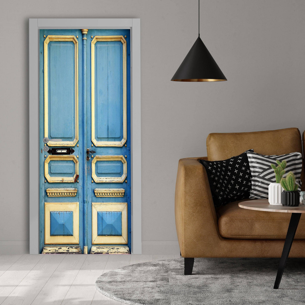 3D vibrant blue barn door mural enhancing modern living room decor with stylish furniture.