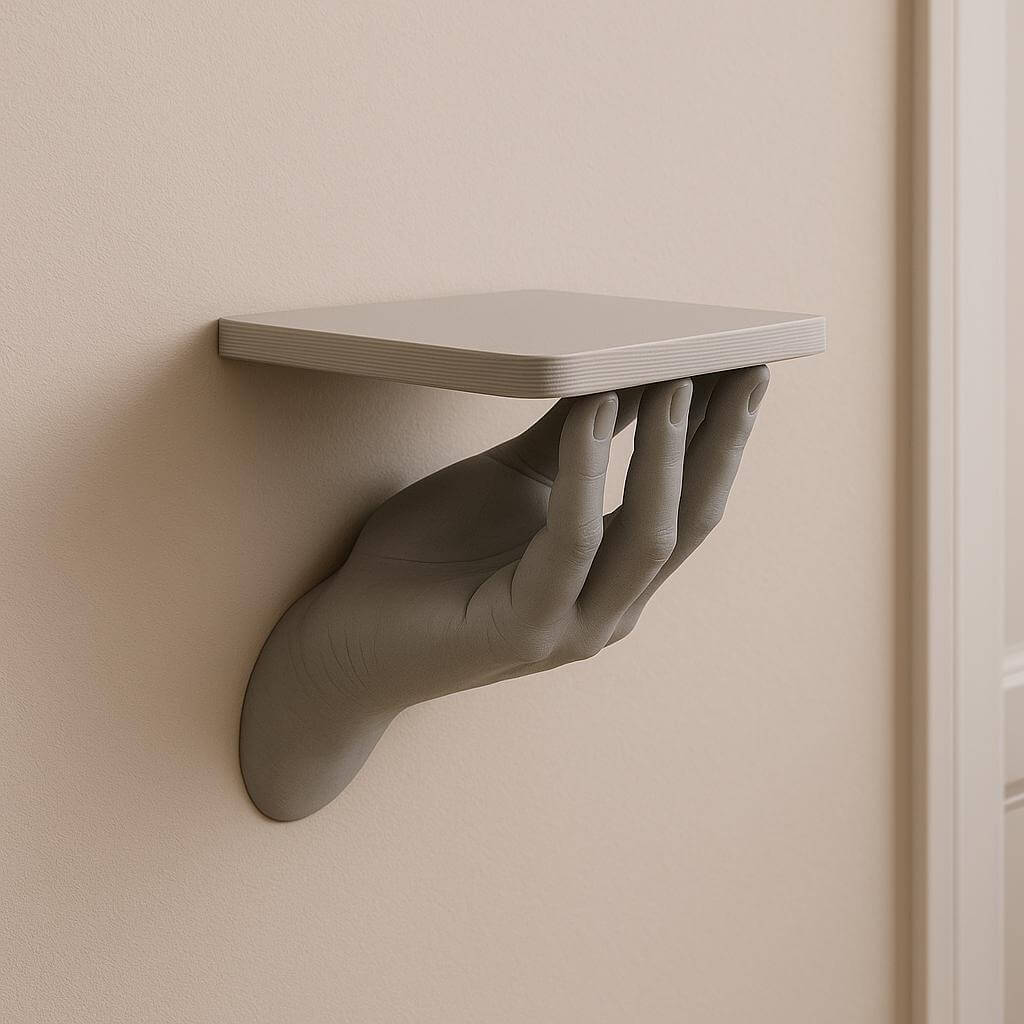 3D printed hand wall shelf holding a minimalist gray shelf for modern decor and artistic storage.