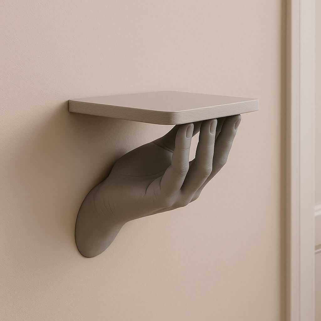 3D printed hand wall shelf in gray, minimalist design, ideal for displaying decor items.
