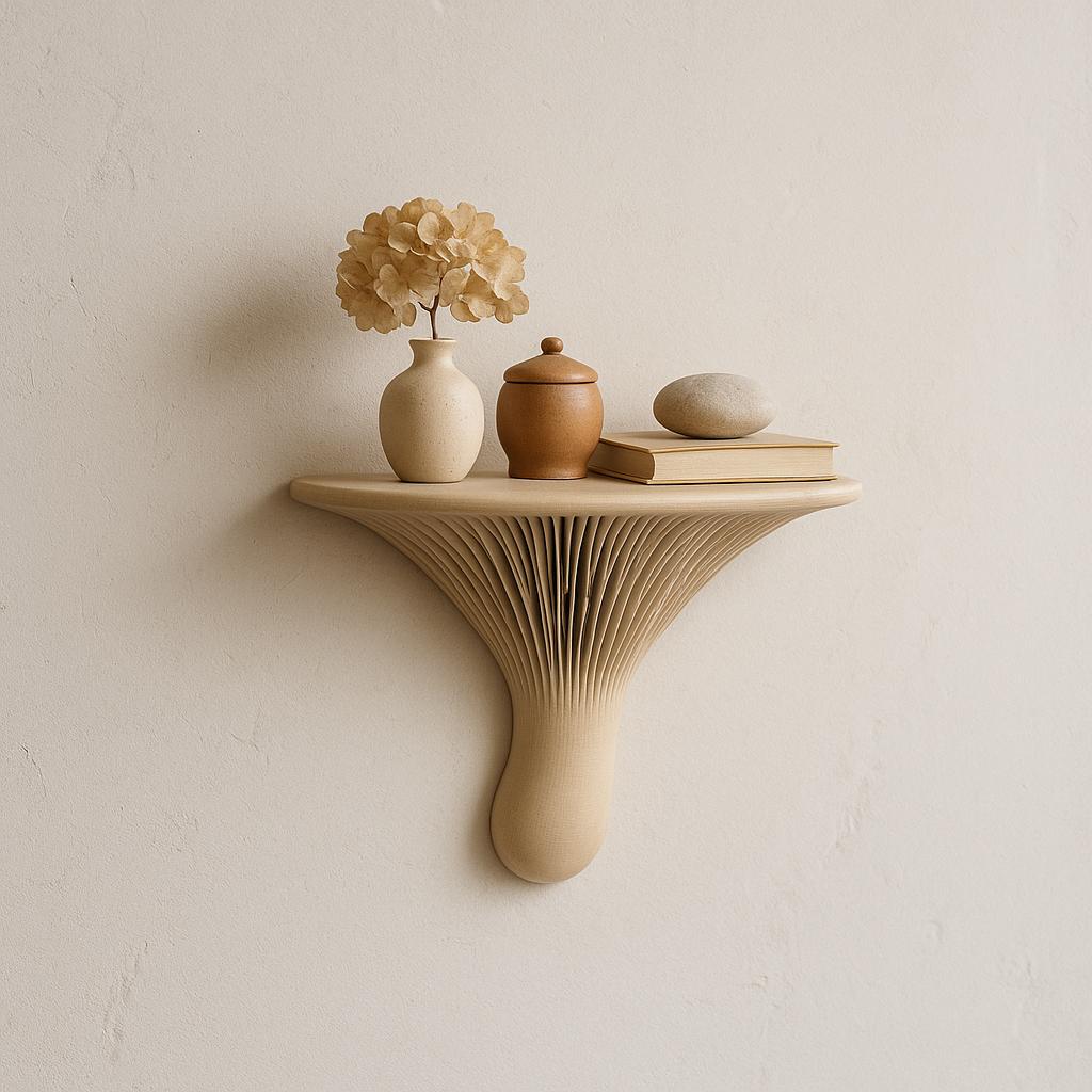 3D printed mushroom wall shelf with decorative items and books, showcasing organic modern decor.