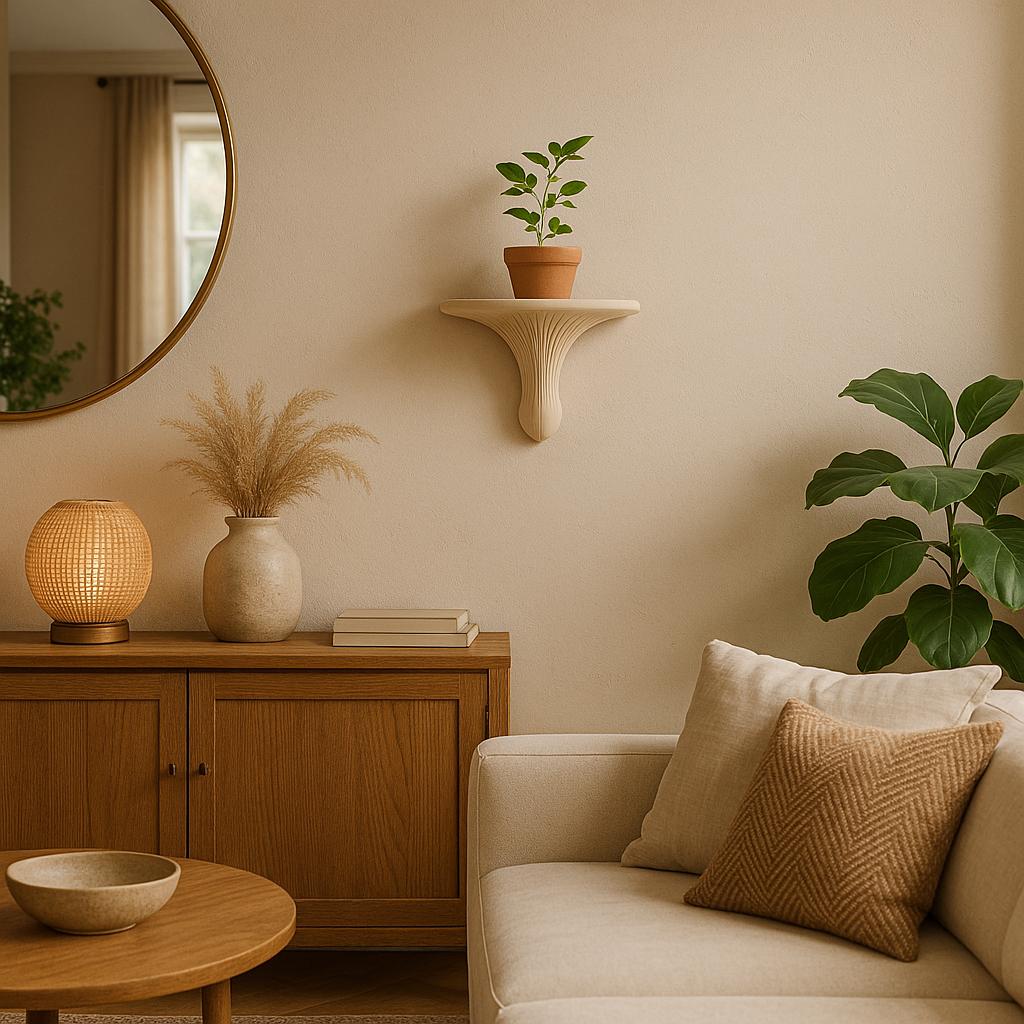 Stylish living room with wooden decor and a 3D printed mushroom wall shelf holding a potted plant.