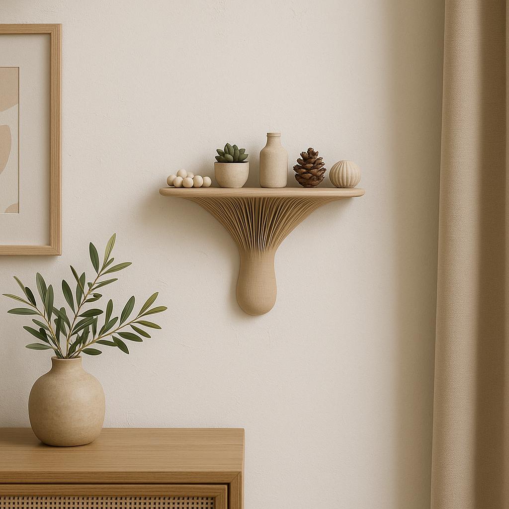 3D printed mushroom wall shelf displaying decorative items, portraying organic modern decor and nature-inspired design.
