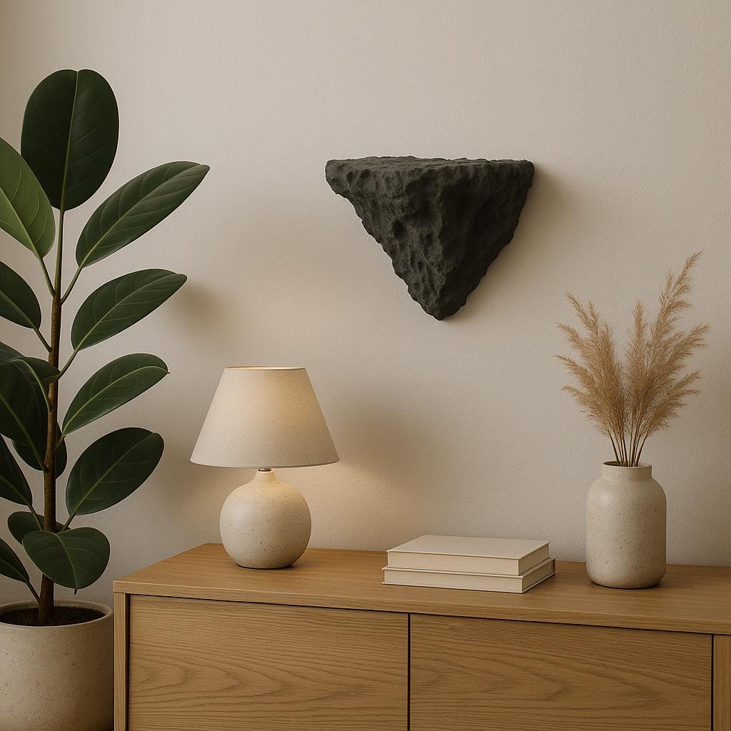 3D printed black rock wall shelf above a wooden console with a lamp, vase, and plants, adding a minimalist home accent.