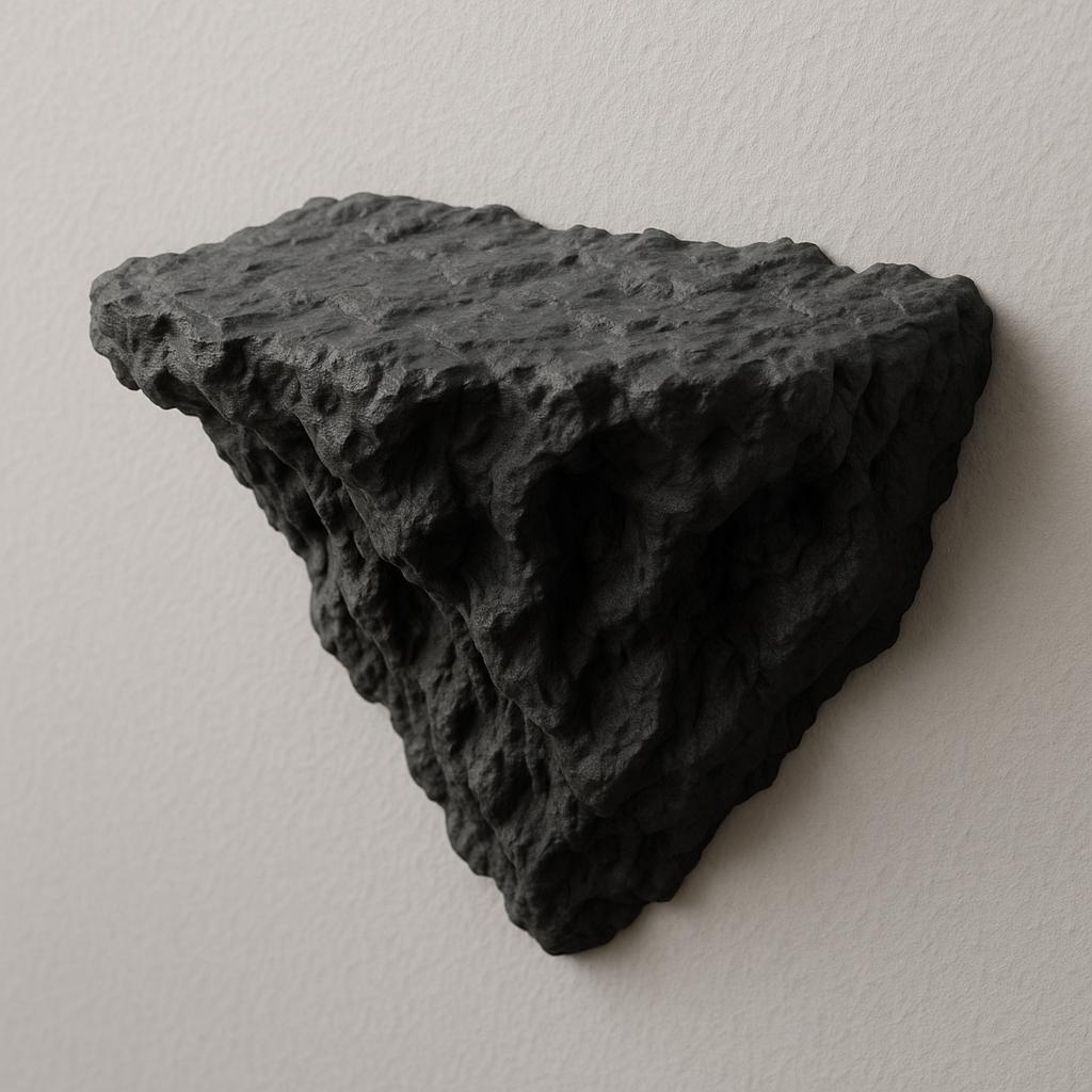 3D printed black rock wall shelf with angular, sculptural design; minimalist geometric decor for modern interiors.