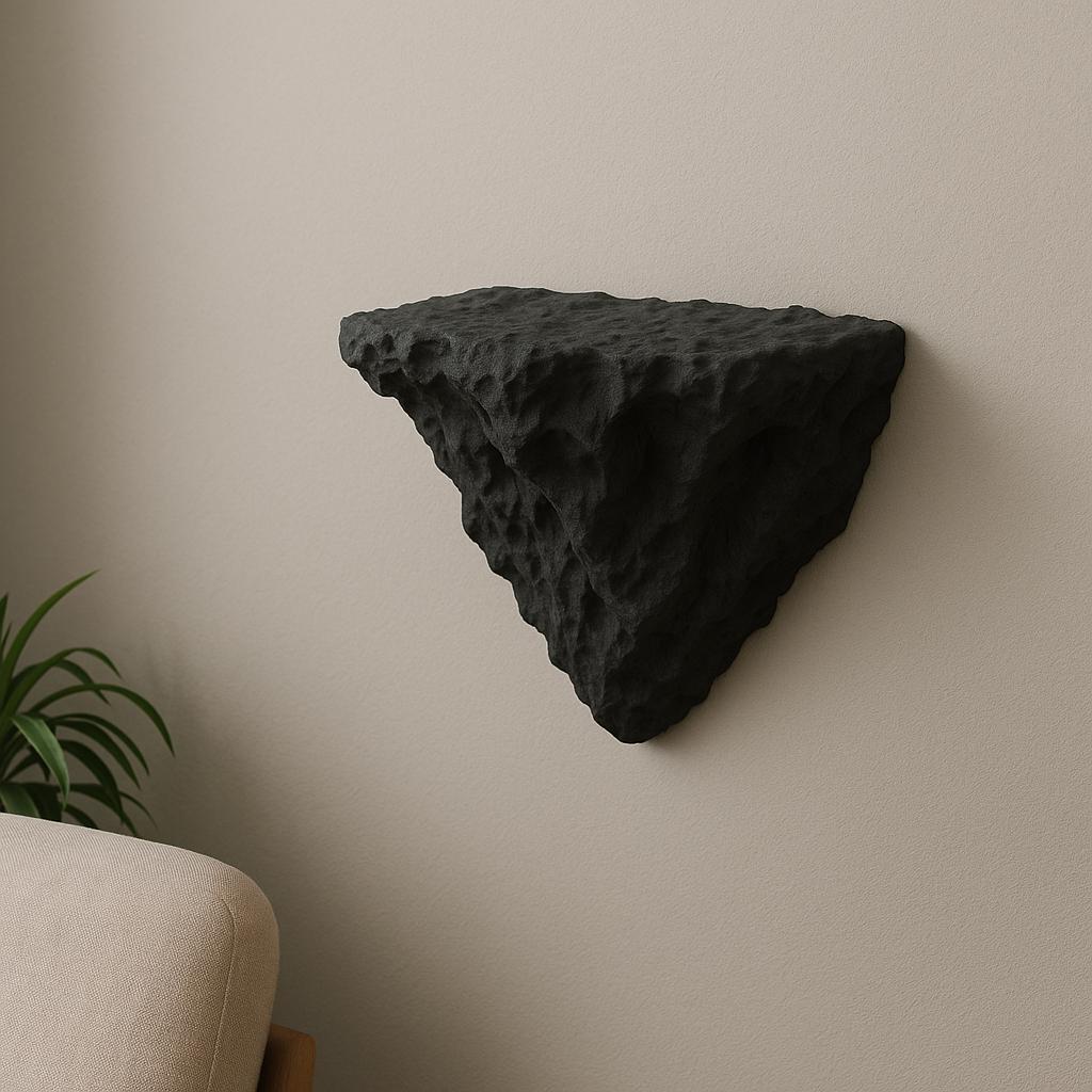 Black 3D printed rock wall shelf with textured surface, perfect for modern minimalist decor and plant display.