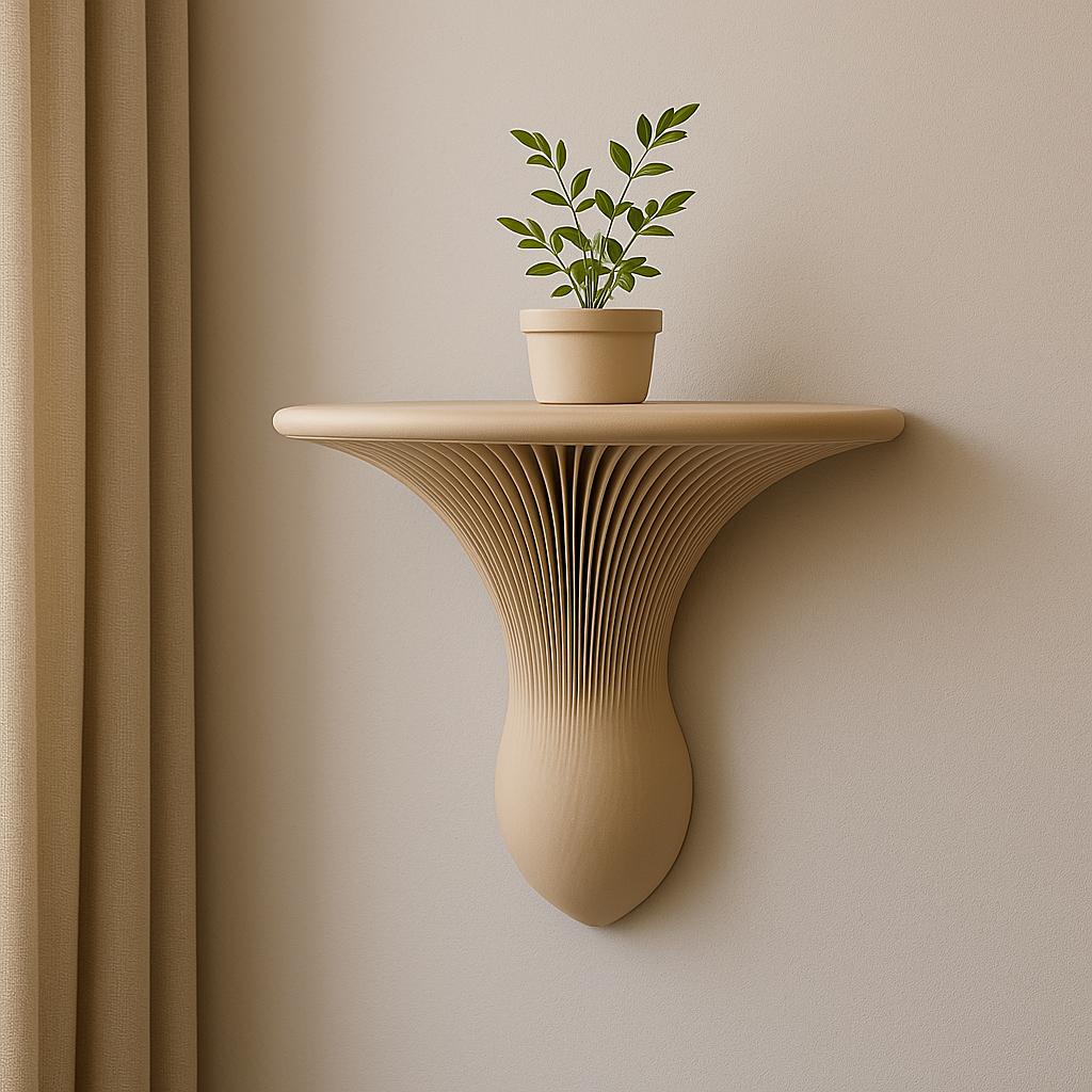 Minimalist 3D printed wall mushroom shelf with ribbed texture and a small potted plant, showcasing modern organic decor.