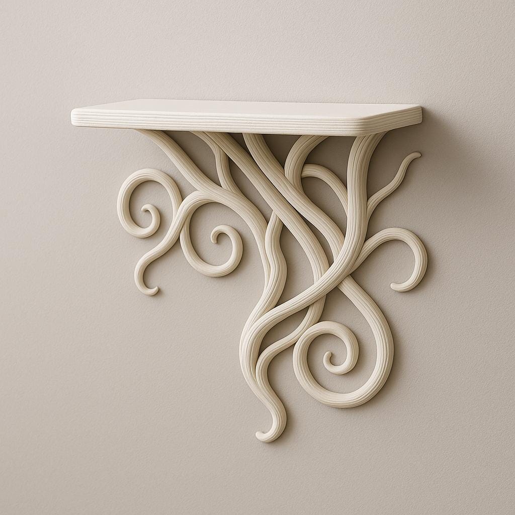 3D printed vine wall shelf with elegant curling tendrils, perfect for botanical-themed home decor.