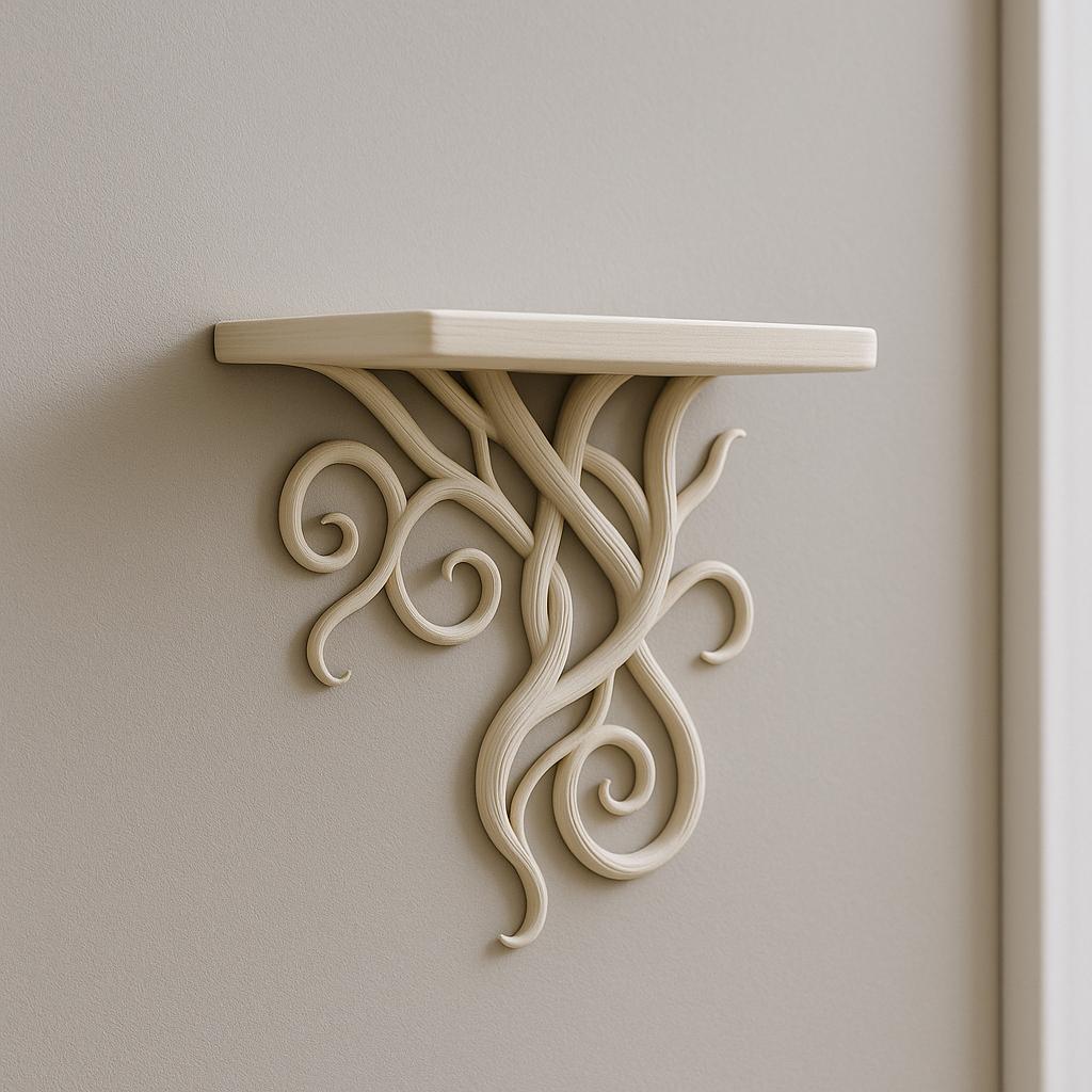 3D printed vine wall shelf with curling tendrils, perfect for botanical-themed decor and displaying small plants.
