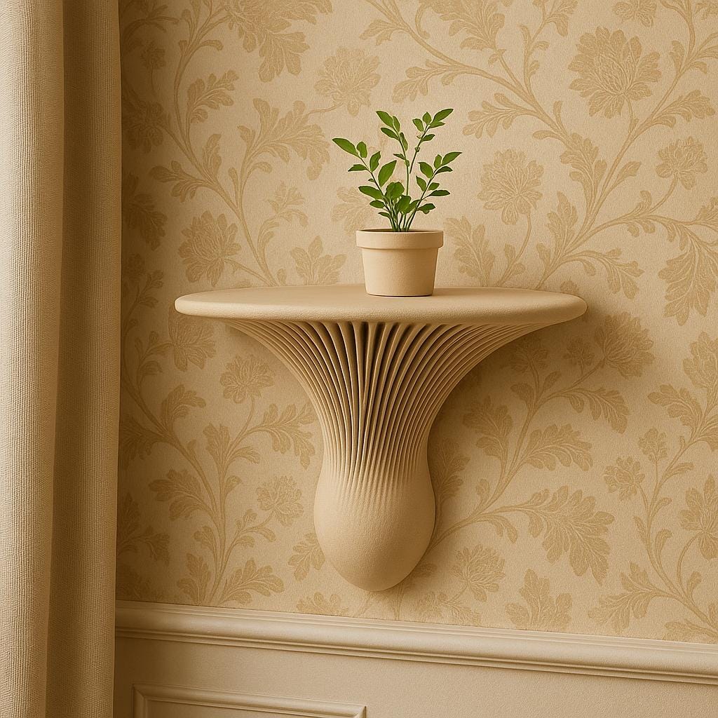 3D printed wall mushroom shelf with ribbed design, featuring a potted plant against floral wallpaper.