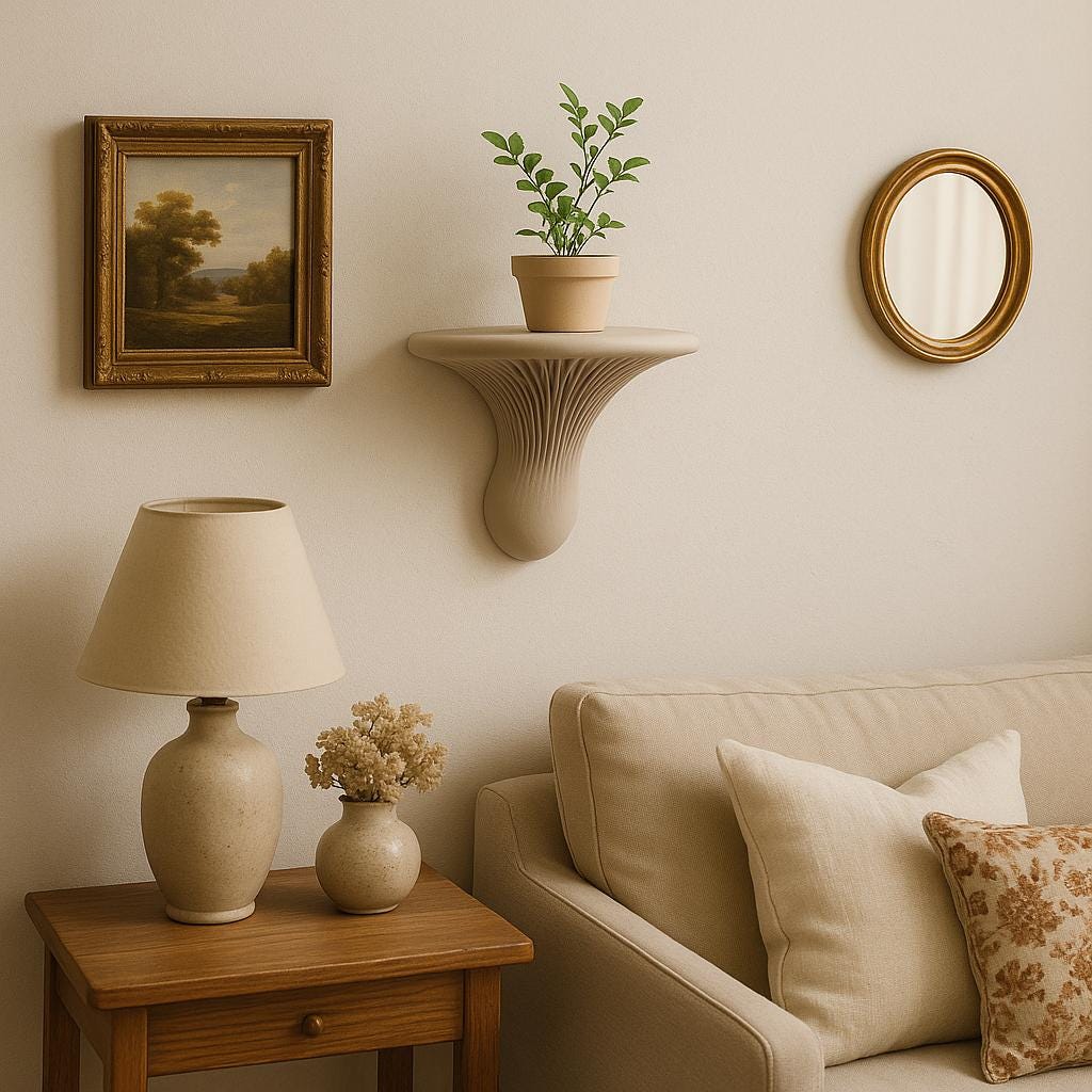3D printed minimalist wall mushroom shelf with a plant, framed art, and cozy living room decor.