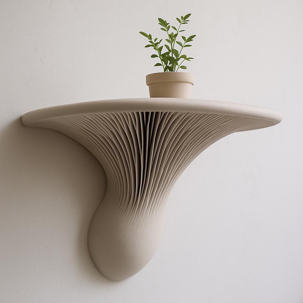 3D printed wall mushroom shelf featuring ribbed texture and a potted plant, showcasing modern organic decor.