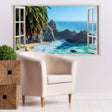 3D window beach view wall sticker, removable decal bringing ocean beauty into modern living space.