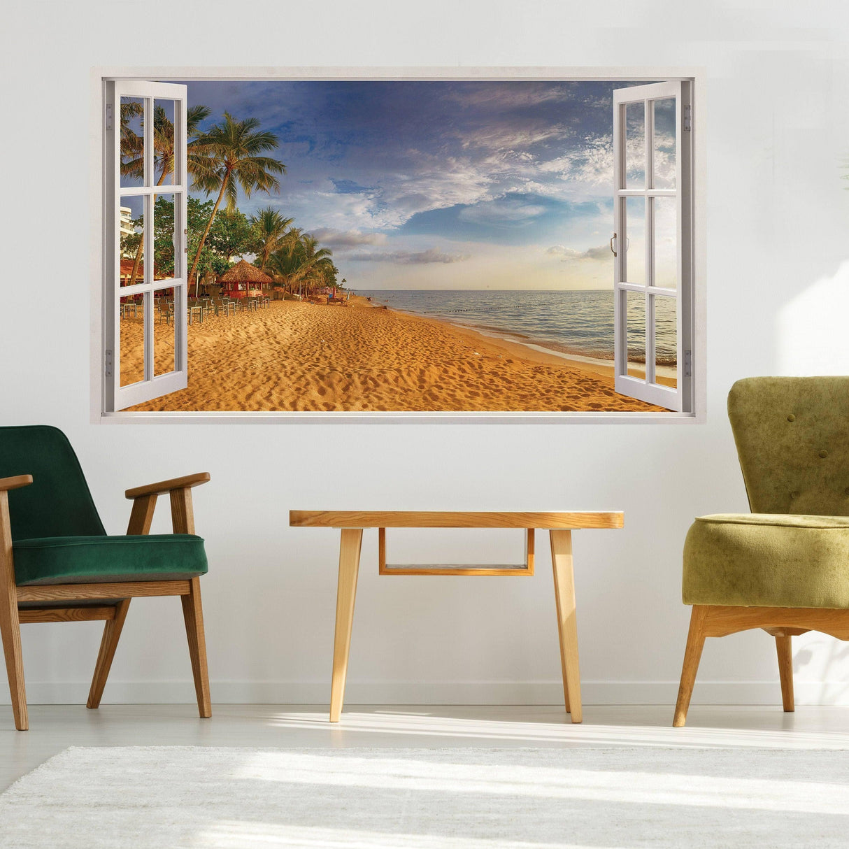 Tropical paradise window sticker featuring a beach view from a window with palm trees and sandy shore.