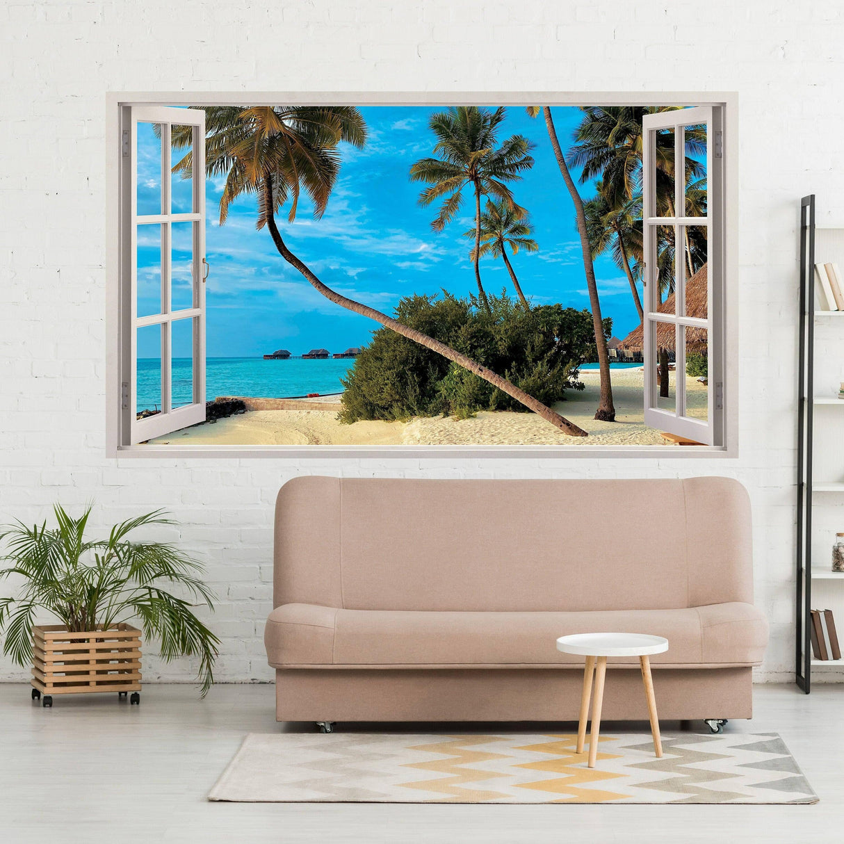 3D window beach view wall sticker featuring palm trees and ocean, perfect for home decor and creating a tranquil space.