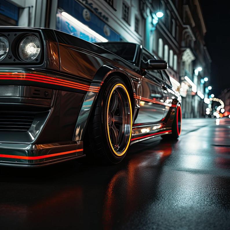 Close-up of a sleek car with vibrant orange geometric decals on wet street, showcasing a modern and stylish vehicle design.