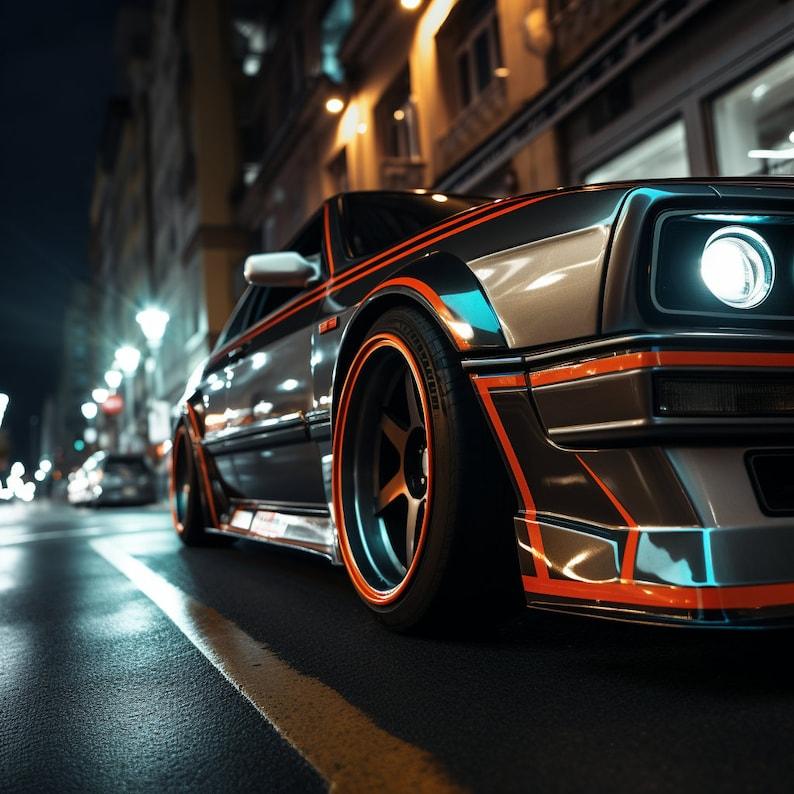 SleekLine™ geometric peel-and-stick car decals on a stylish vehicle at night, showcasing vibrant orange details.