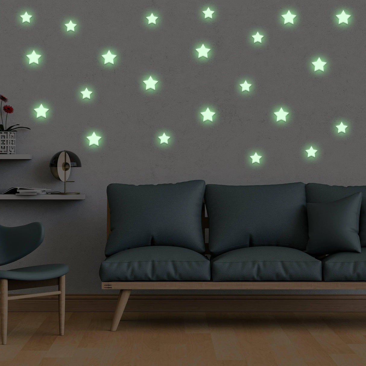 Glow in the dark star stickers on wall, creating a magical starry ambiance in a cozy room.