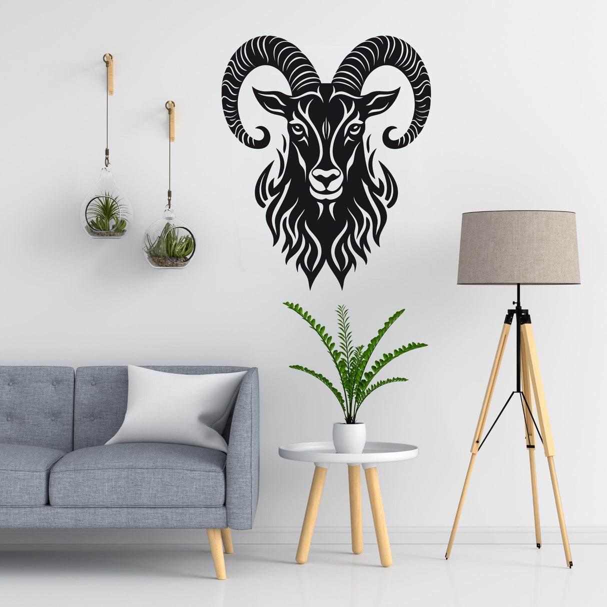 Stylized Ram's Head Wall Sticker in black and white, featuring intricate horns and a modern living room setting.