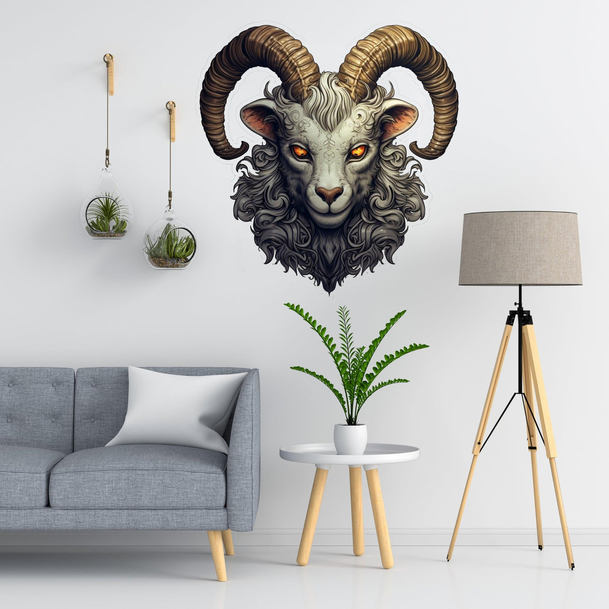 Gothic surrealism wall sticker featuring an old goat head with intricate details, displayed in a modern living room.