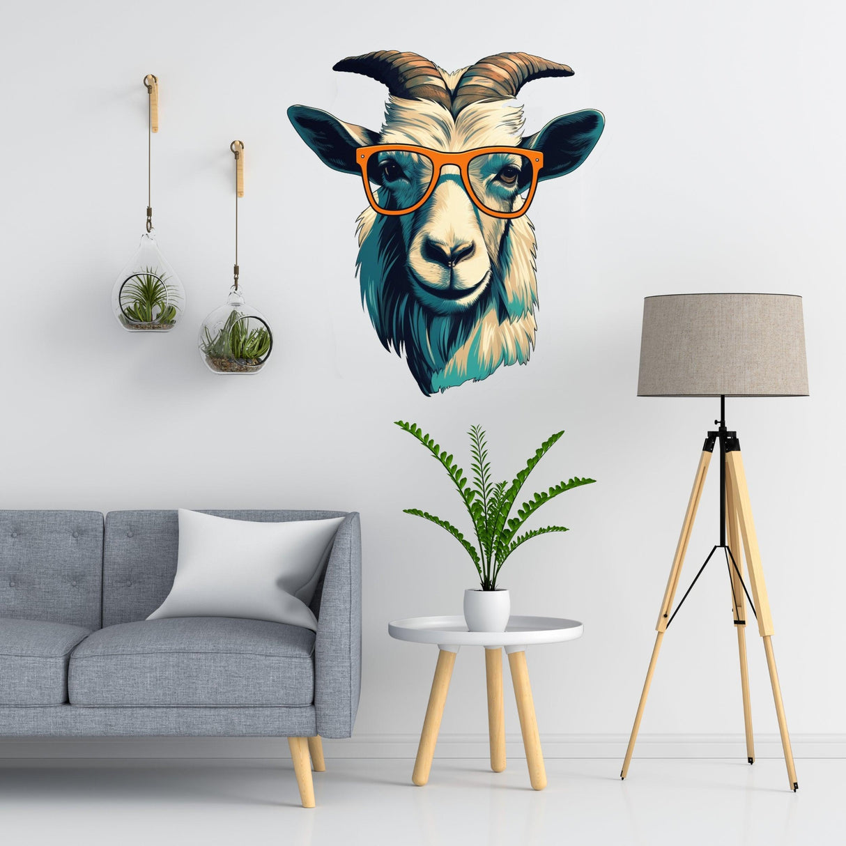 3D goat head wall decal with glasses, vibrant indigo and amber design, decor accent for stylish interiors.