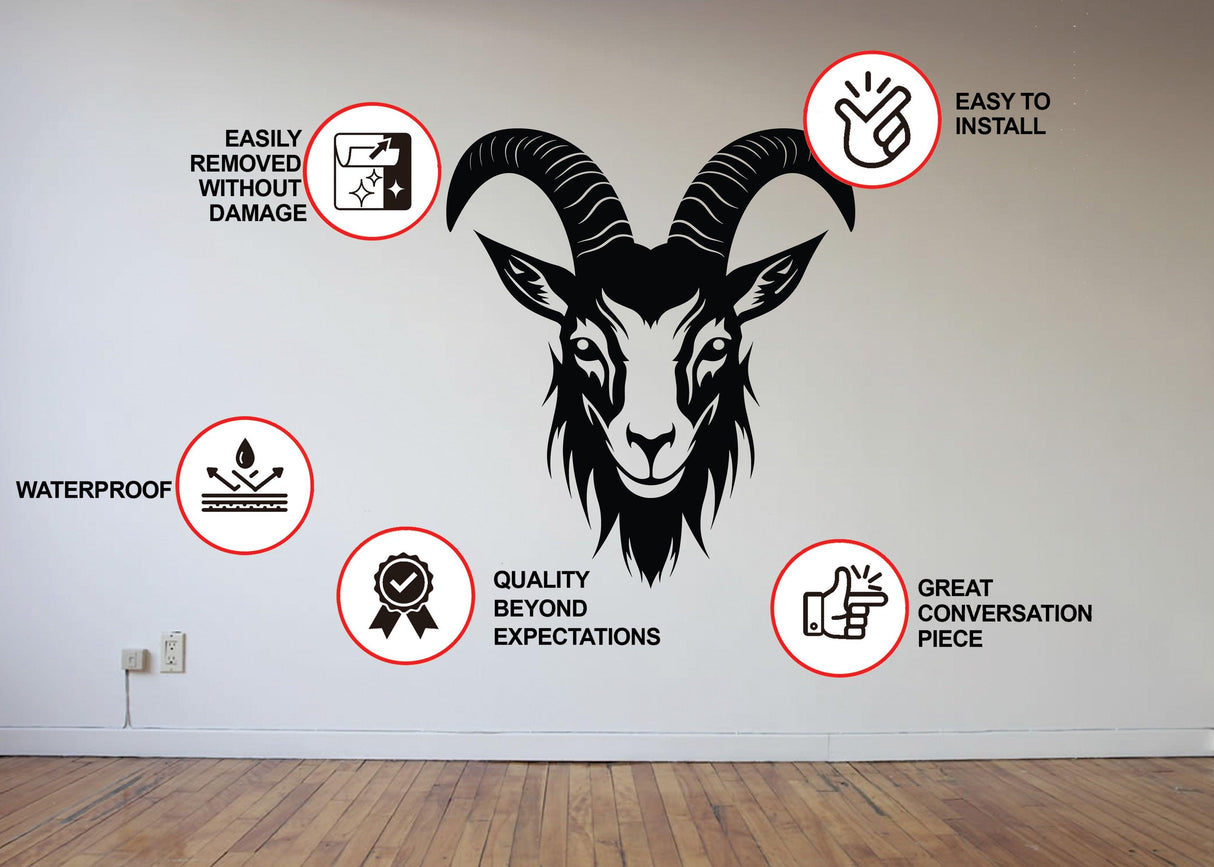 Goat head silhouette wall sticker demonstrating features like easy installation, waterproof, and removable without damage.