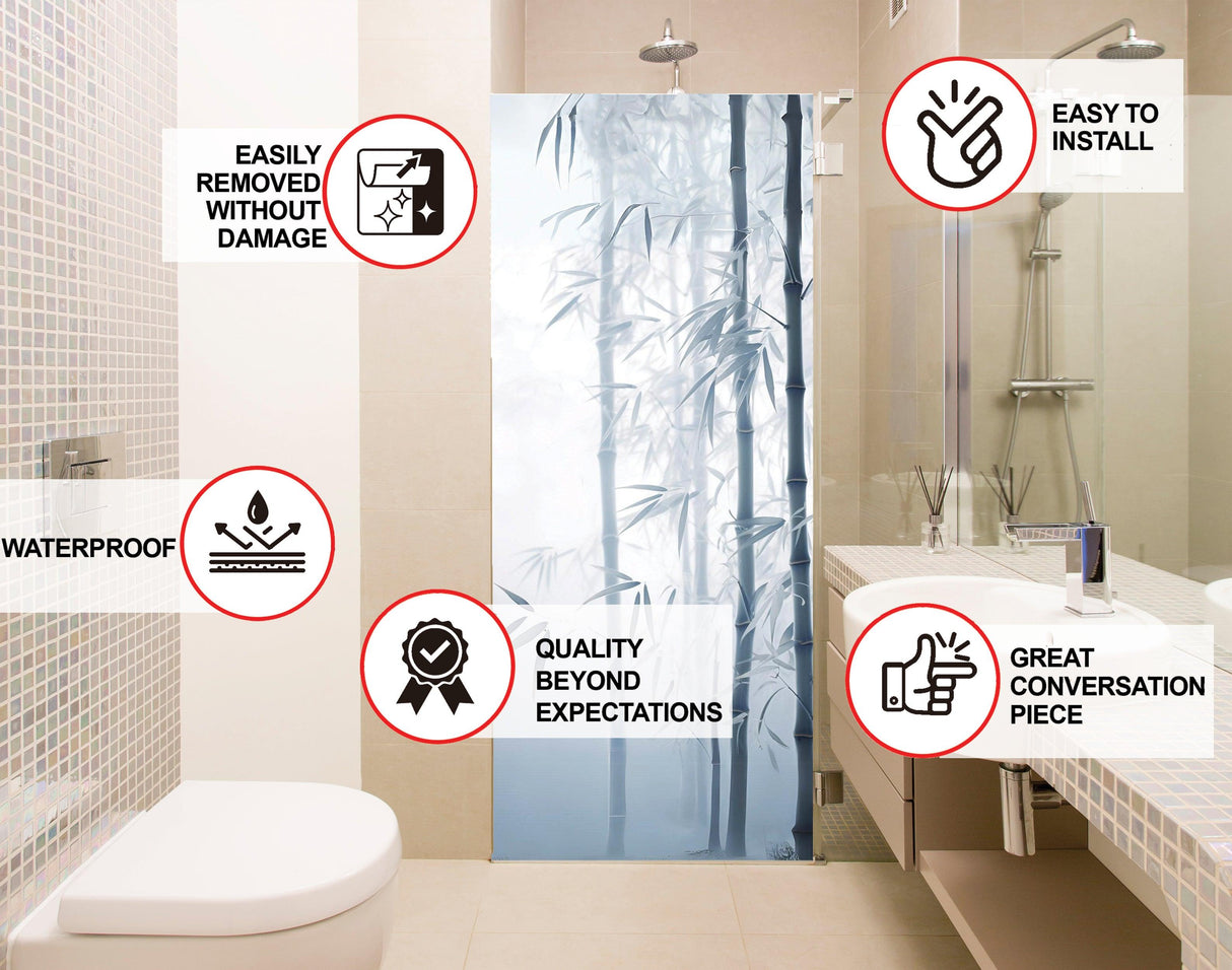 Shower door decal featuring tranquil bamboo forest design with installation features and benefits highlighted.