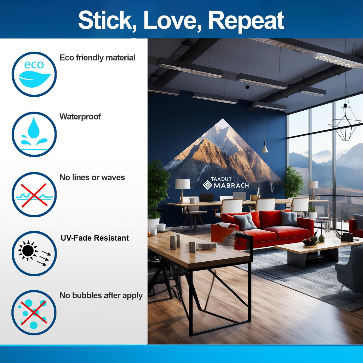 Eco-friendly vinyl wall sticker features: waterproof, UV-fade resistant, no bubbles, perfect for any room.