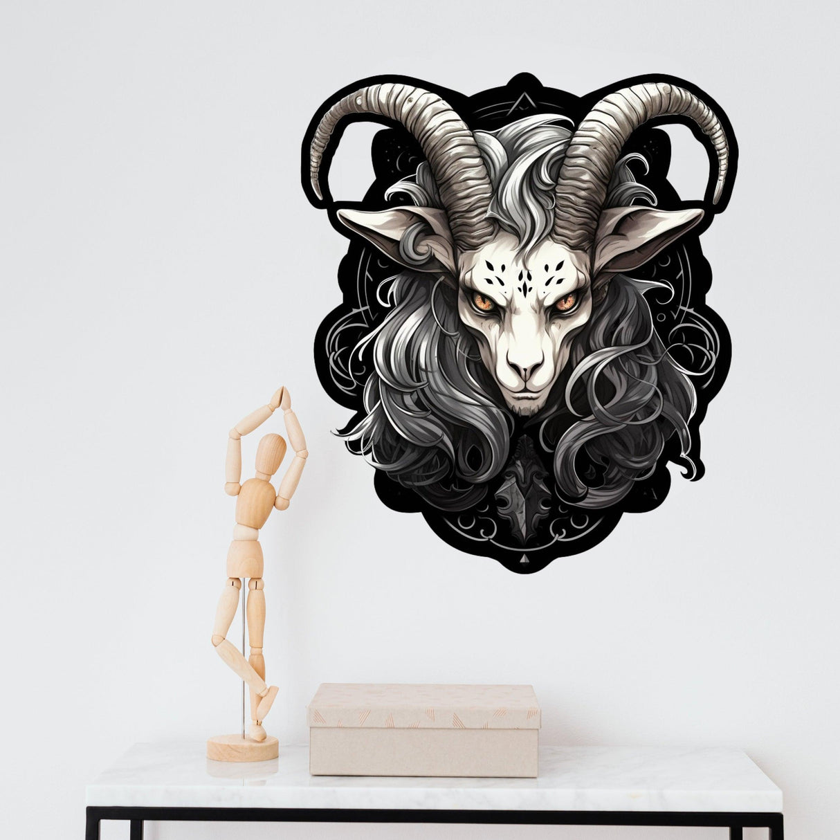 Zodiac Goat wall decal in Gothic Pop Surrealism style featuring striking facial detail and dark organic realism.