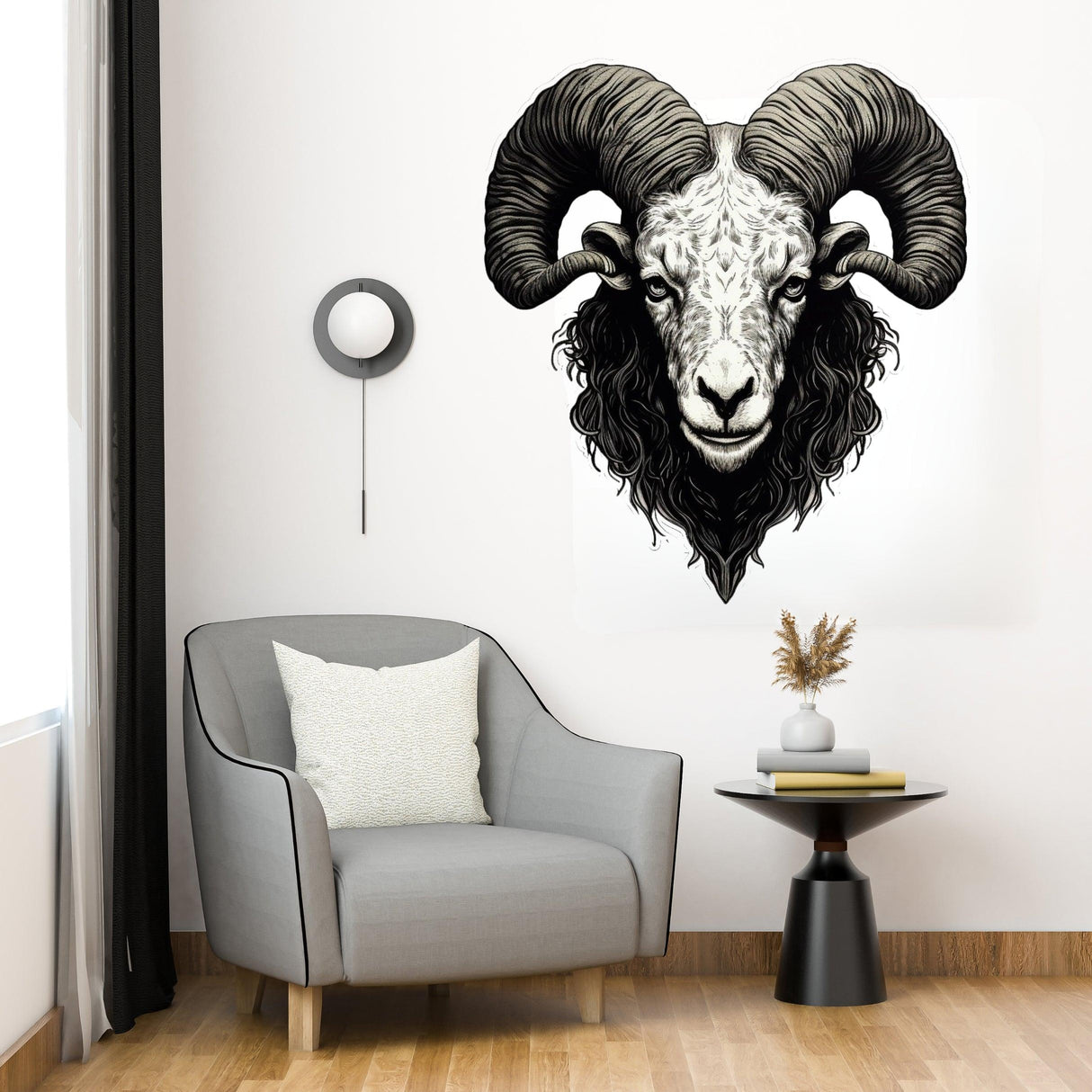 Large ram wall sticker in bold, angular design, featuring intricate black and white illustration on a modern living room wall.