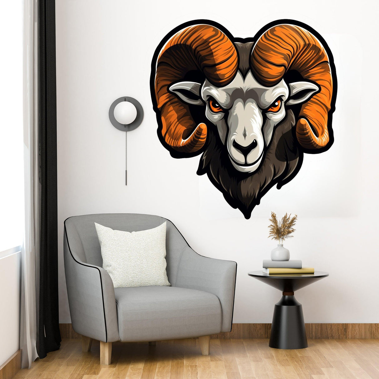 Artistic ram head wall sticker featuring glossy brown horns and realistic shading in a stylish interior setting.