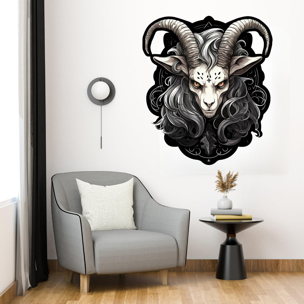 Zodiac Goat wall decal in Gothic Pop Surrealism style, featuring dark artistry and striking expression.