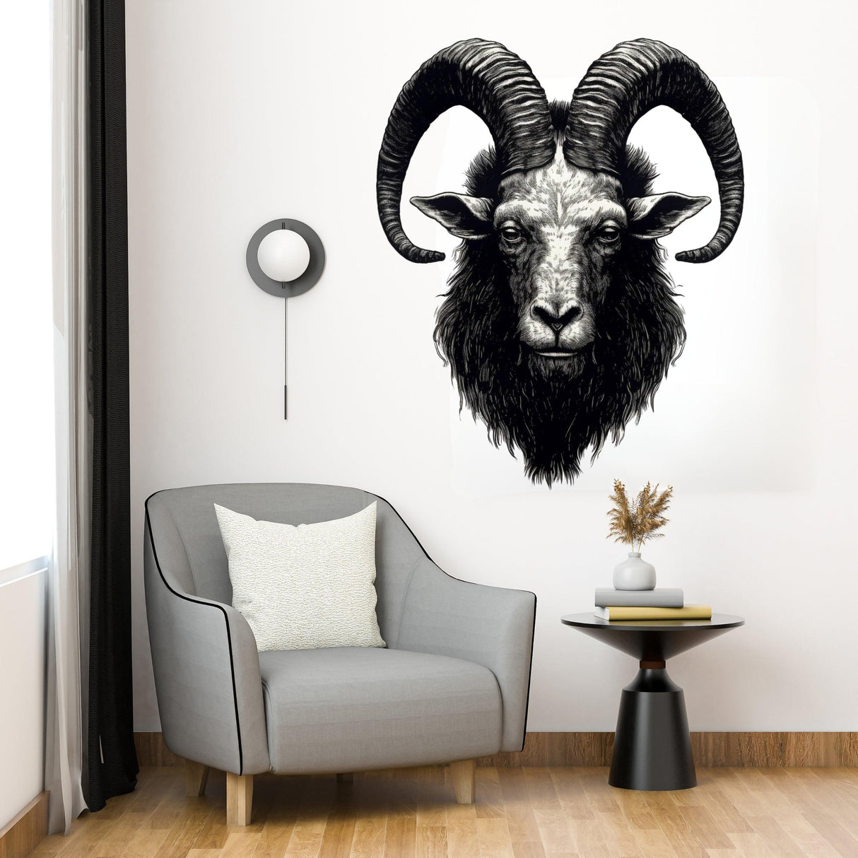 Realistic surreal ram head wall decal in living room, showcasing detailed ink illustration art.