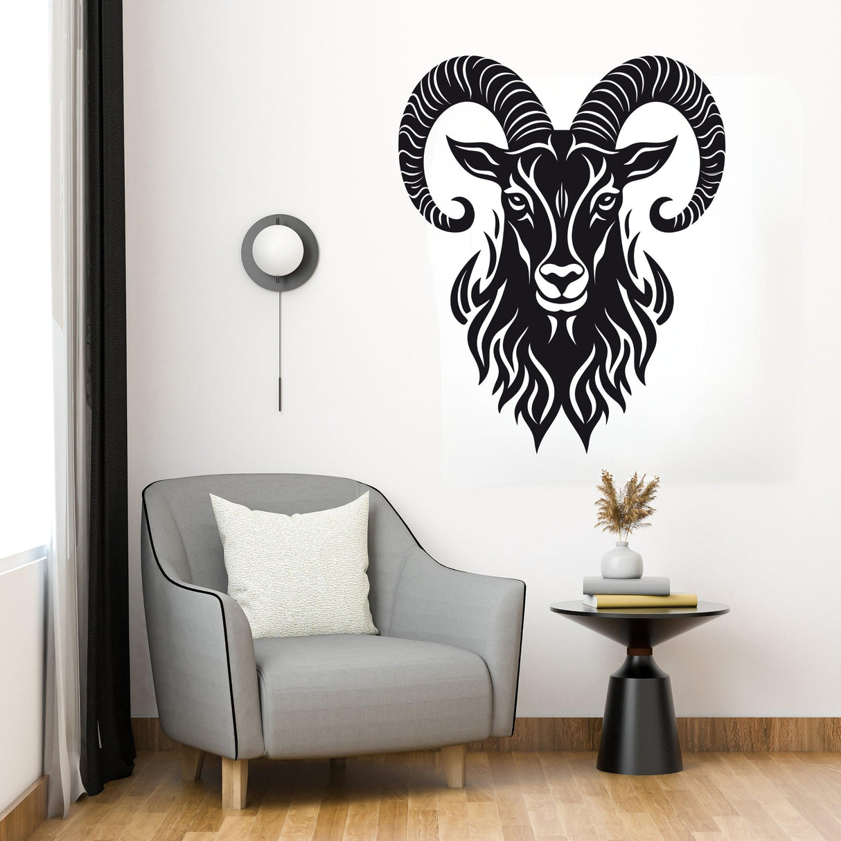 Stylized Ram's Head Wall Sticker in black and white, showcasing bold design and intricate details in a modern interior.